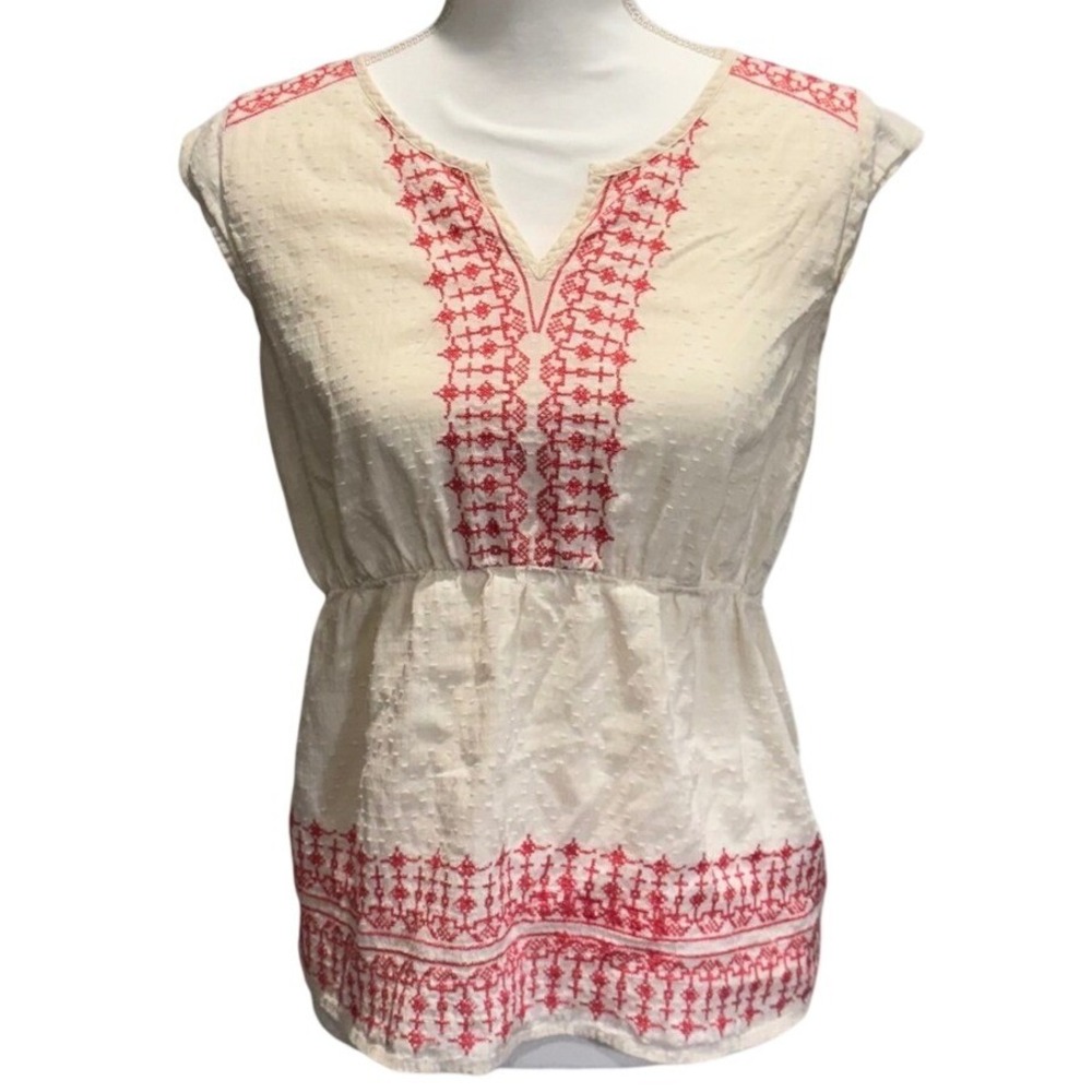 Lucky Brand Cream Red Peasant Bohemian Top Embroidered Sleeveless S